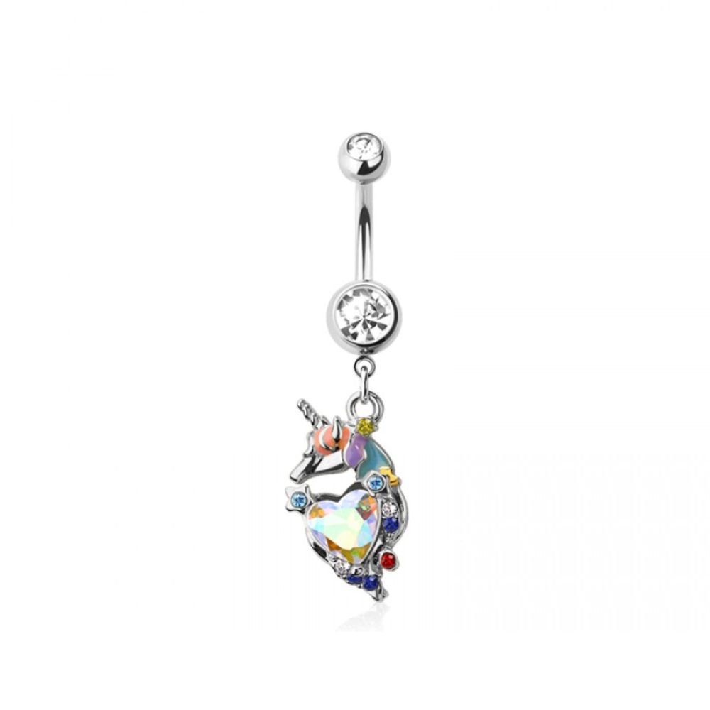 CZ Crystal Unicorn Dangling Belly Button Ring - 316L Stainless Steel