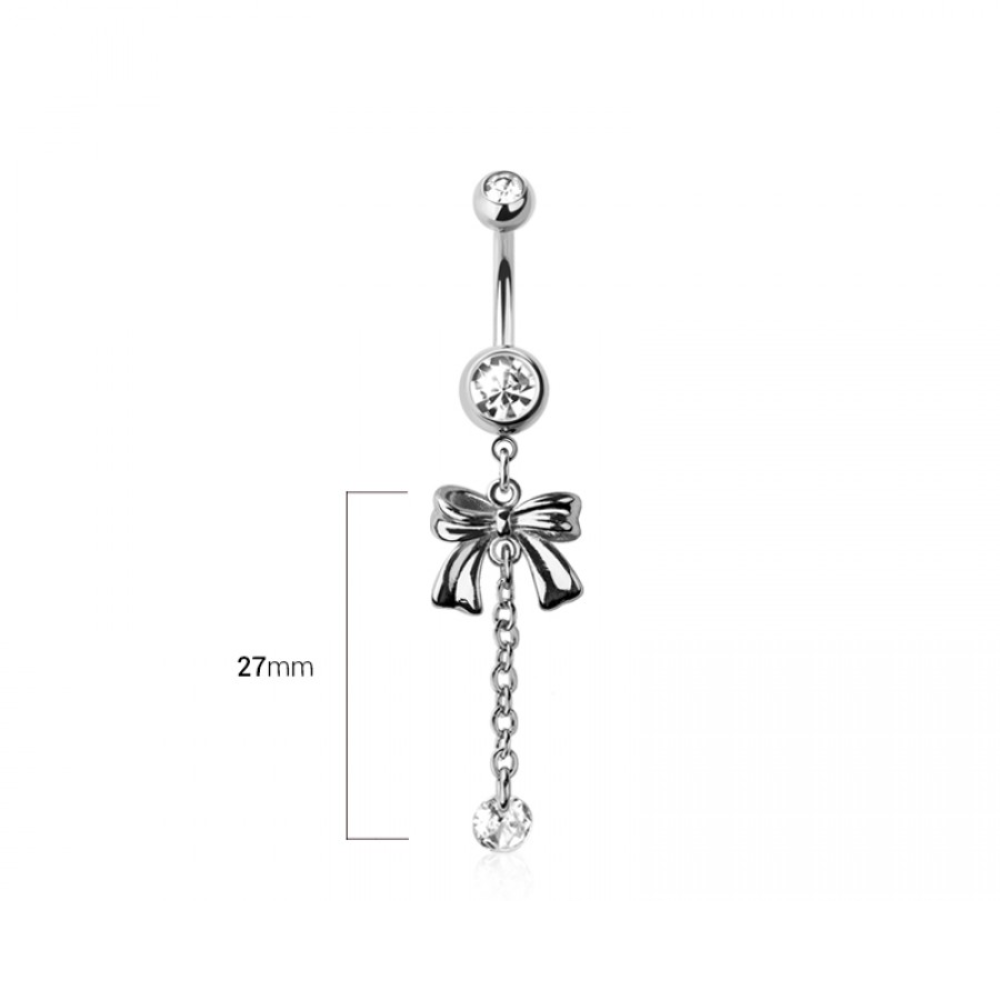 CZ Crystal Bow with Dangling Chain and Gem Belly Button Ring - 316L Stainless Steel