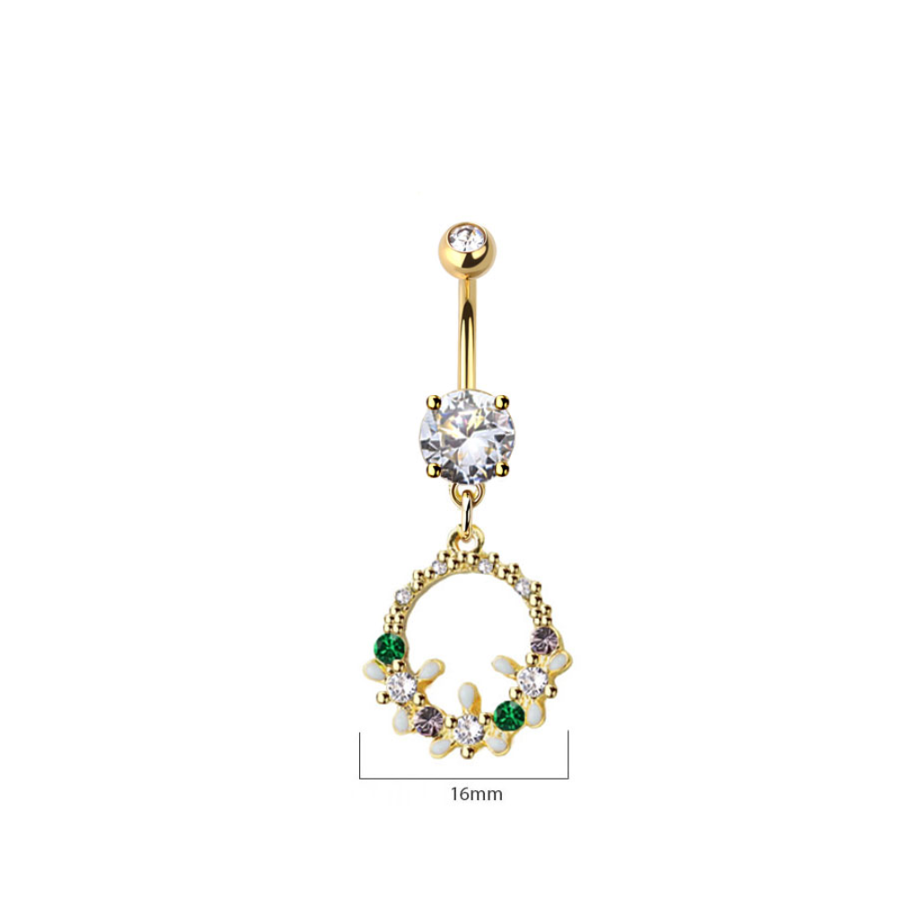 Floral Wreath Dangling Belly Button Ring - Gold Plated 316L Stainless Steel