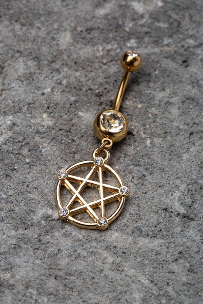 Pentacle Dangle Double Jeweled Belly Button Ring - 316L Stainless Steel