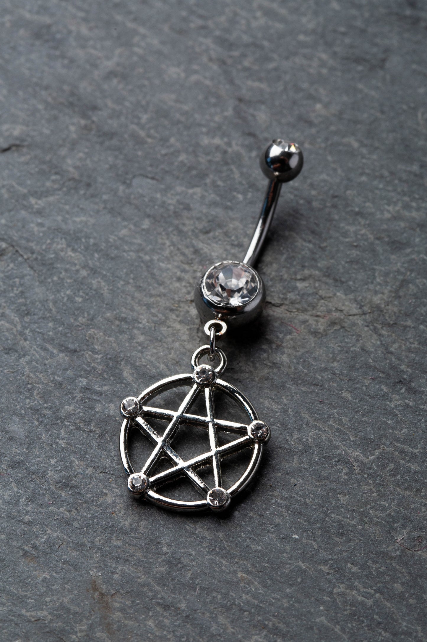 Pentacle Dangle Double Jeweled Belly Button Ring - 316L Stainless Steel