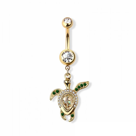 Swimming Sea Turtle Dangling Belly Button Ring - 316L Stainless Steel