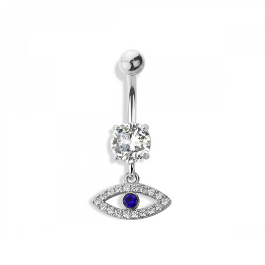 CZ Crystal Evil Eye Dangling Belly Button Ring - 316L Stainless Steel