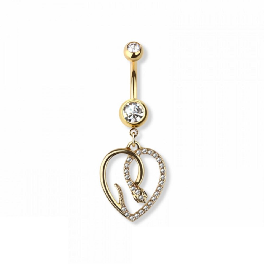 CZ Crystal Heart Shaped Snake Dangling Belly Button Ring - 316L Stainless Steel