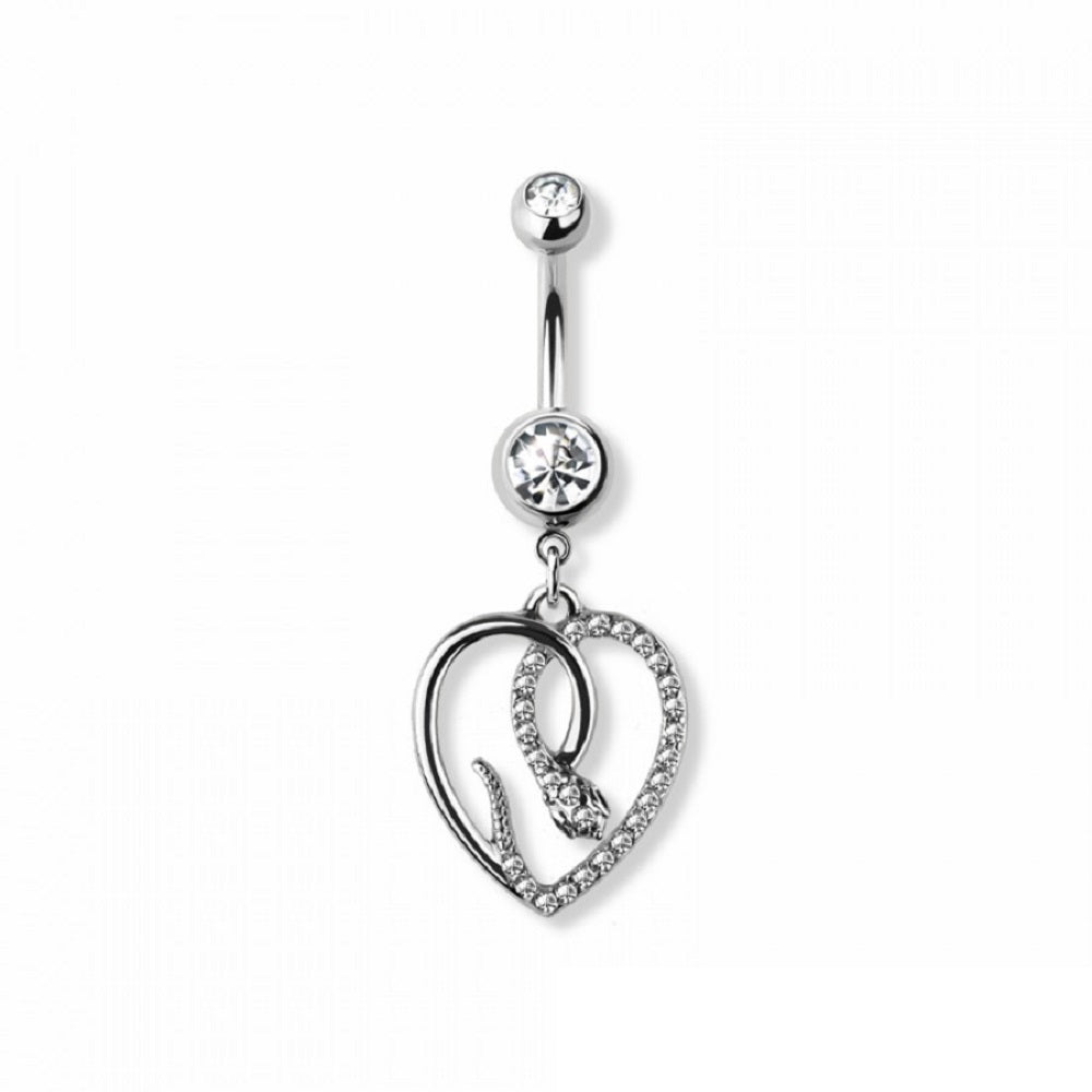 CZ Crystal Heart Shaped Snake Dangling Belly Button Ring - 316L Stainless Steel