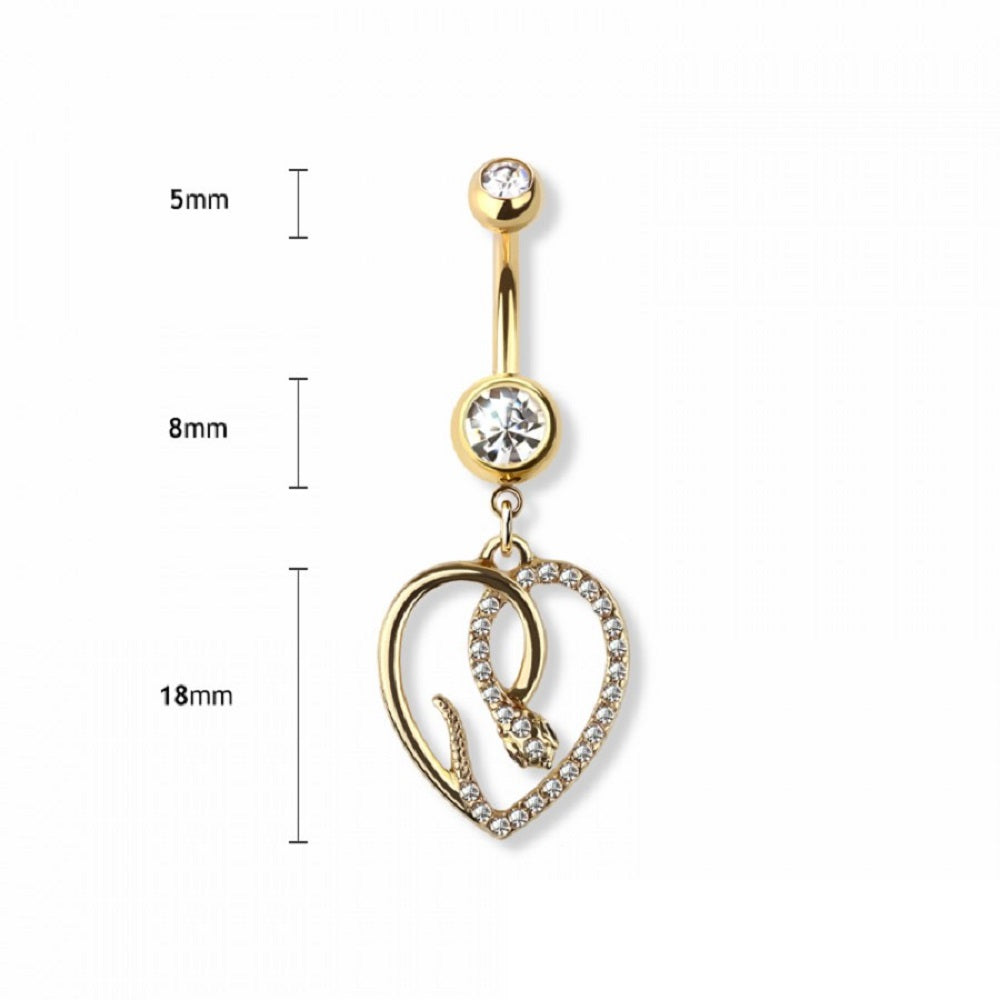 CZ Crystal Heart Shaped Snake Dangling Belly Button Ring - 316L Stainless Steel