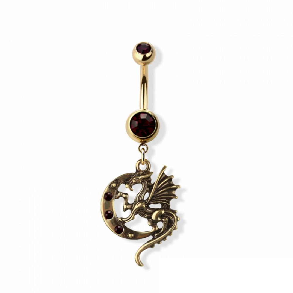 Purple CZ Crystal Crescent Moon and Dragon Dangling Belly Button Ring - 316L Stainless Steel