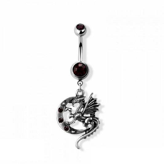 Purple CZ Crystal Crescent Moon and Dragon Dangling Belly Button Ring - 316L Stainless Steel