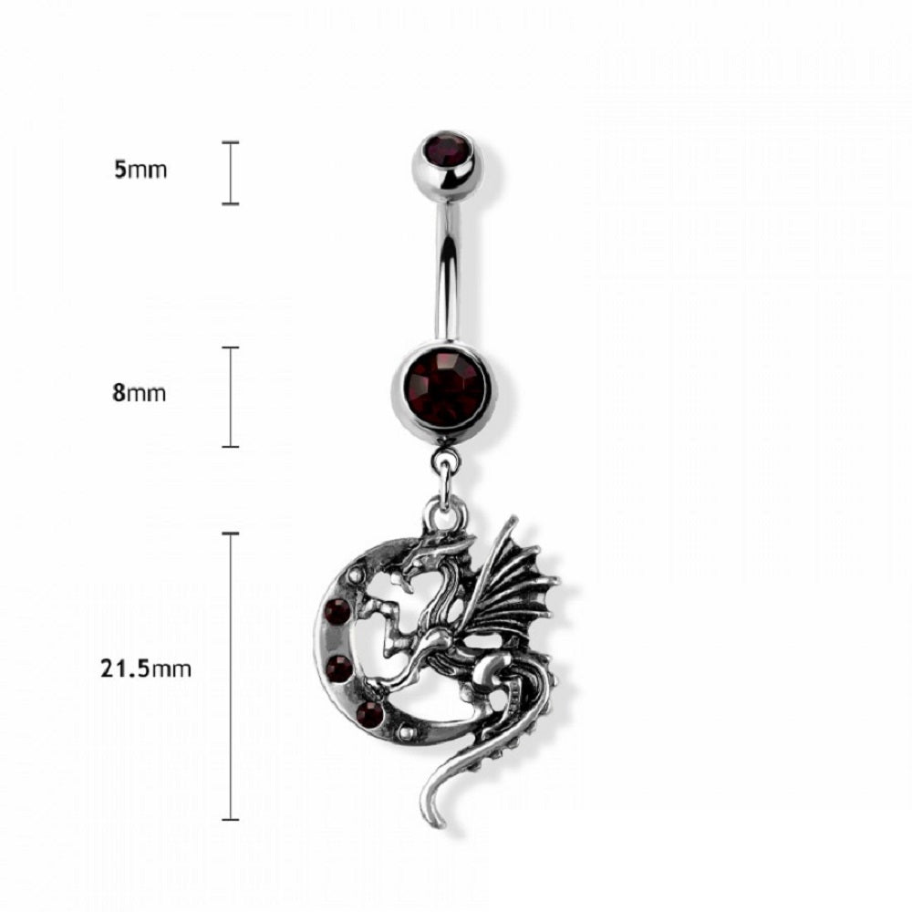 Purple CZ Crystal Crescent Moon and Dragon Dangling Belly Button Ring - 316L Stainless Steel