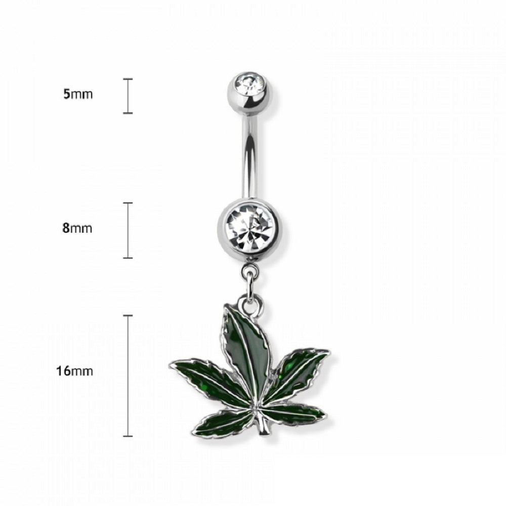 CZ Crystal Pot Leaf Dangling Belly Button Ring - 316L Stainless Steel