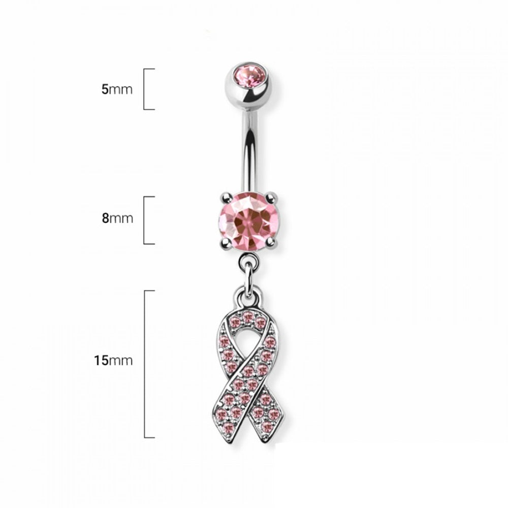 CZ Crystal Pink Breast Cancer Awareness Ribbon Dangling Belly Button Ring - 316L Stainless Steel
