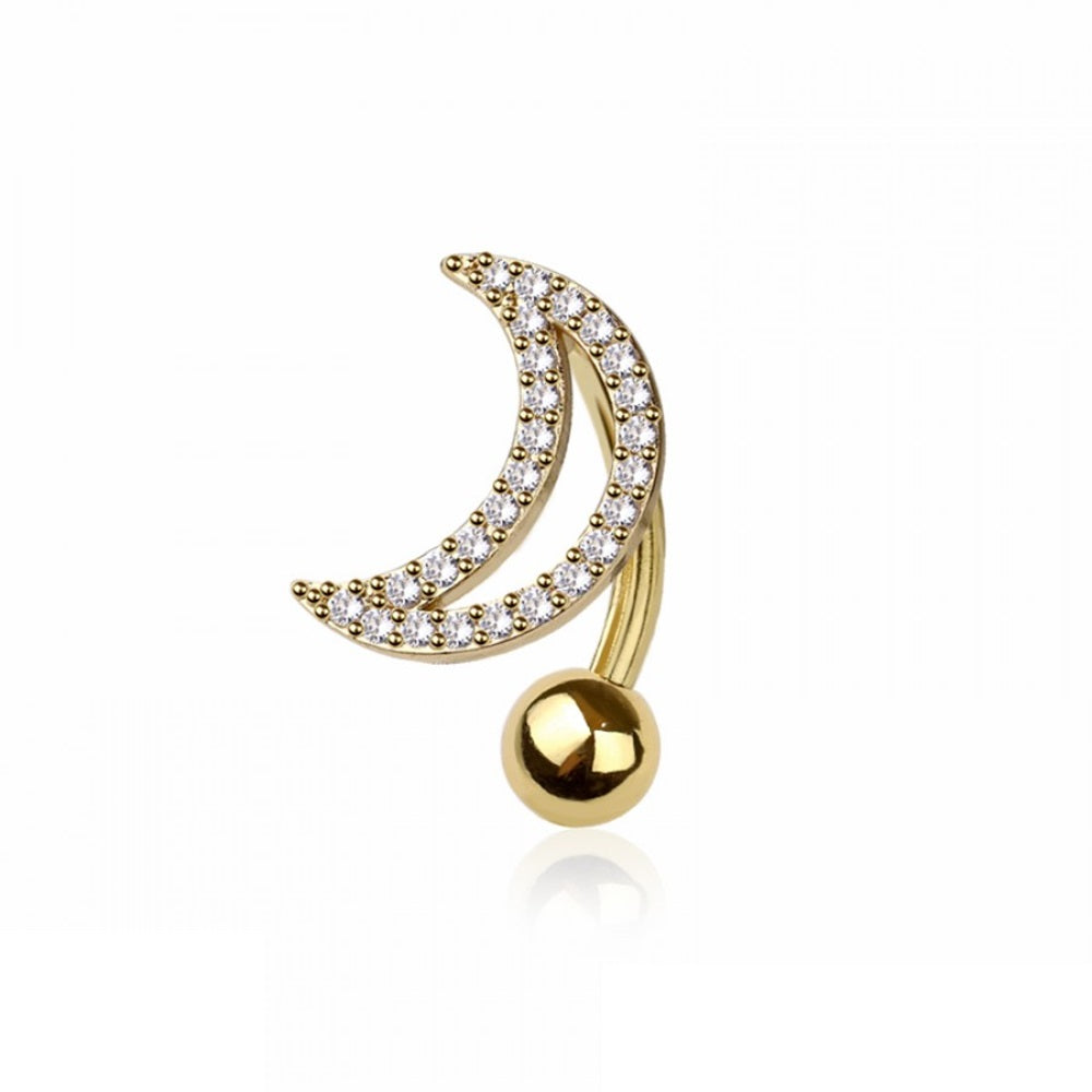CZ Crystal Crescent Moon Reverse Belly Button Ring - 316L Stainless Steel
