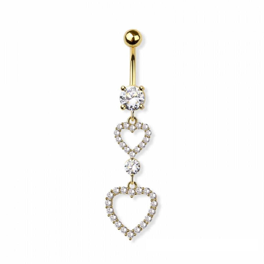 CZ Crystal Double Heart Outline Dangling Belly Button Ring - 316L Stainless Steel