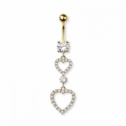 CZ Crystal Double Heart Outline Dangling Belly Button Ring - 316L Stainless Steel