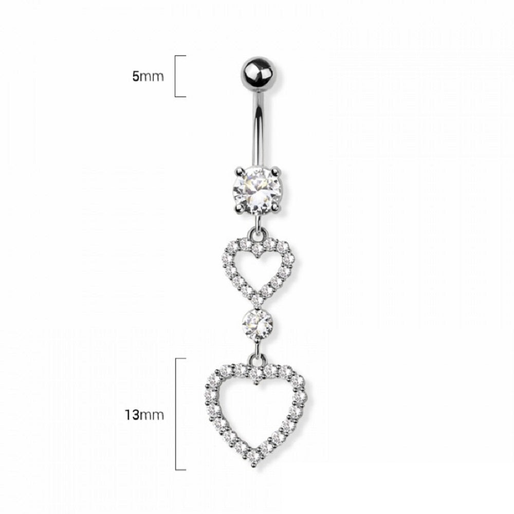 CZ Crystal Double Heart Outline Dangling Belly Button Ring - 316L Stainless Steel