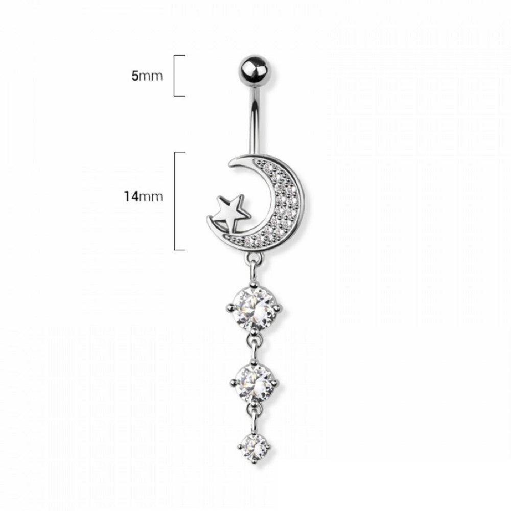 Crescent Moon with Triple Dangling CZ Crystals Belly Button Ring - 316L Stainless Steel