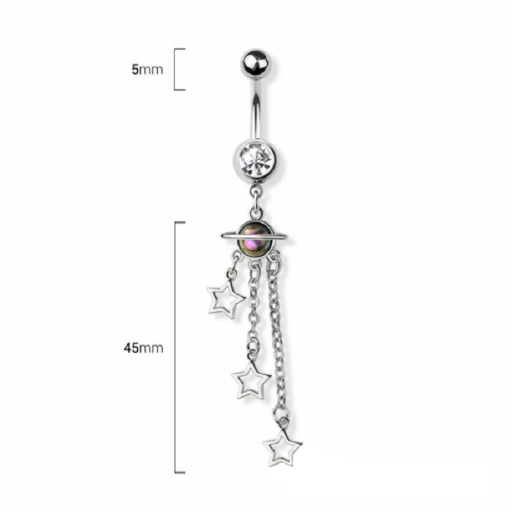 Planet with Triple Chain Dangling Stars Belly Button Ring - 316L Stainless Steel