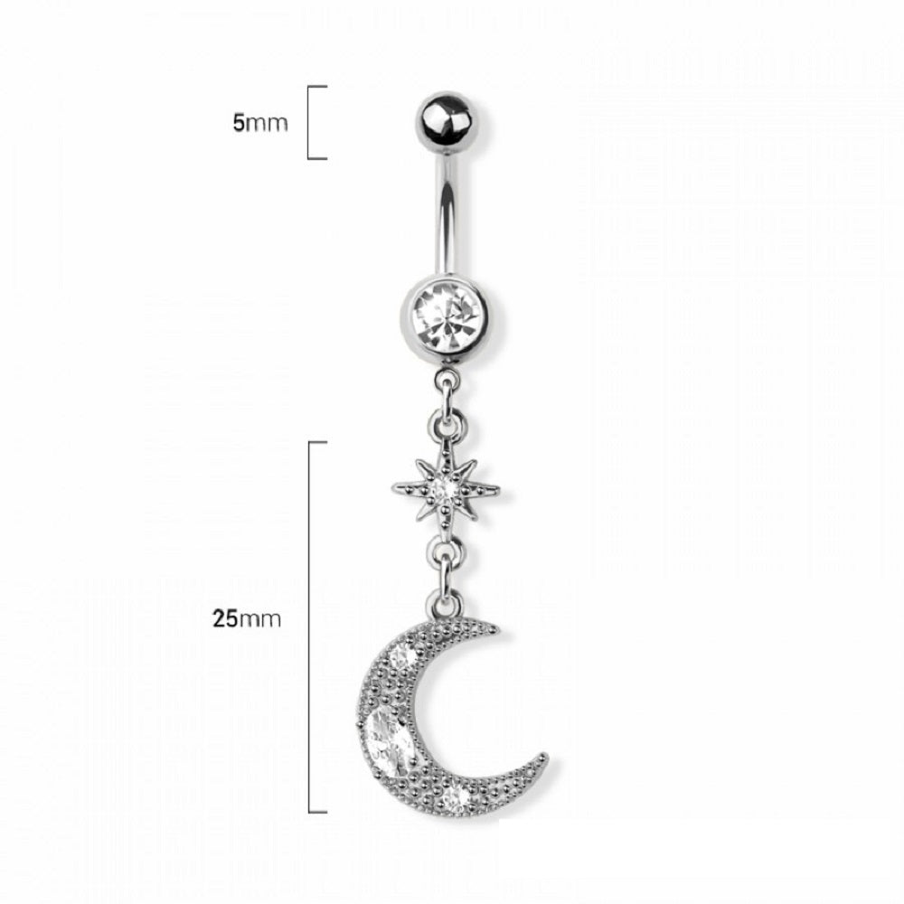 CZ Crystal Crescent Moon with Sunburst Dangling Belly Button Ring - 316L Stainless Steel
