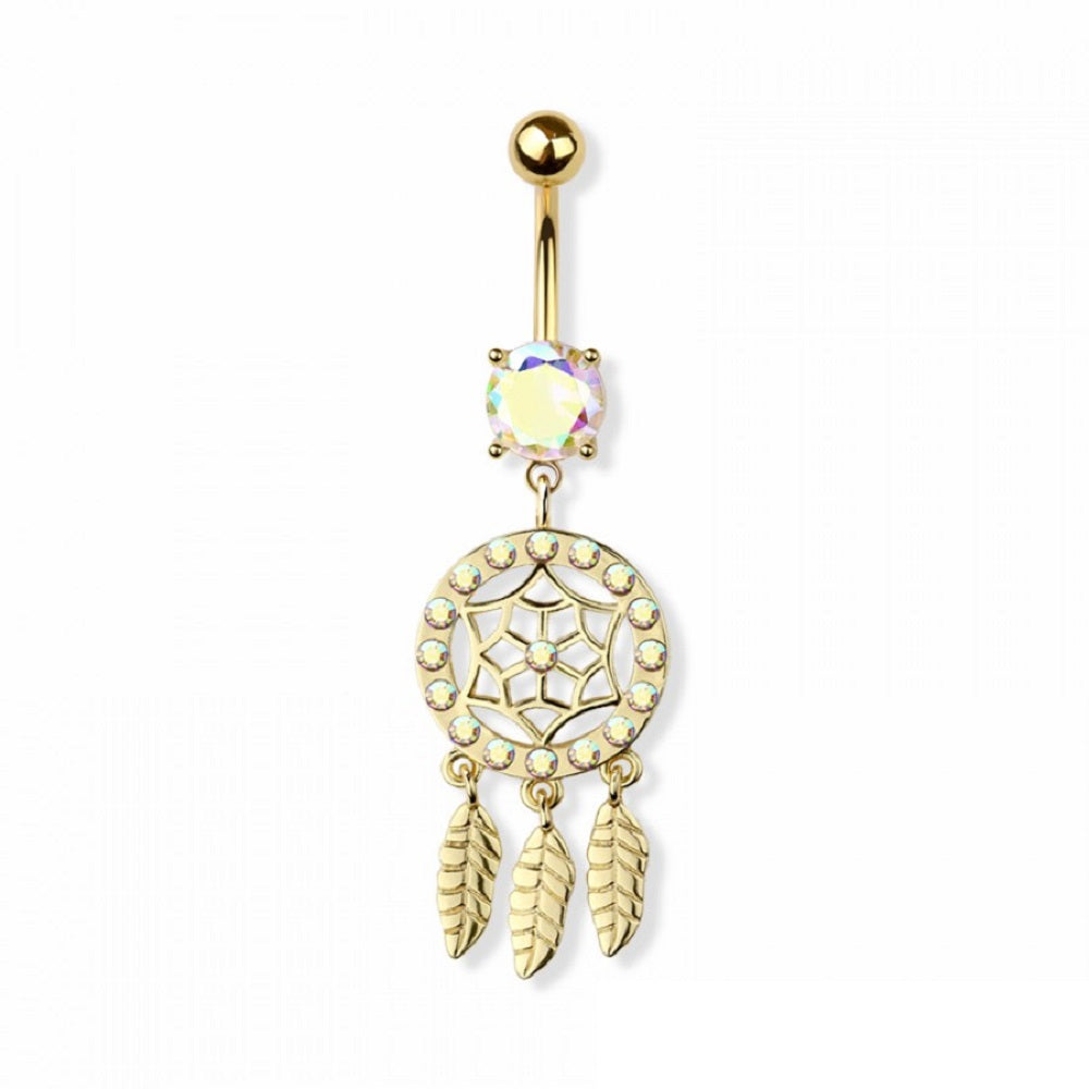 Aurora Borealis CZ Crystal Dreamcatcher Dangling Belly Button Ring - 316L Stainless Steel