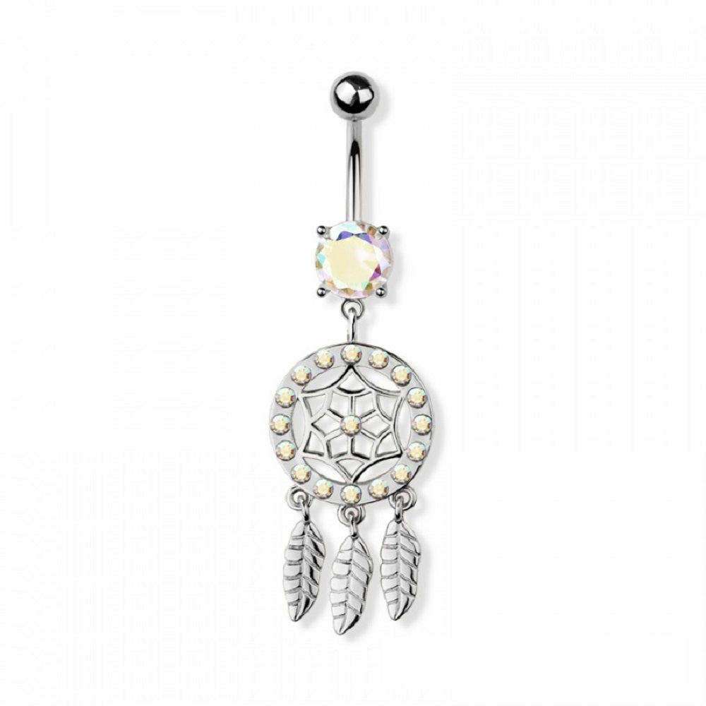 Aurora Borealis CZ Crystal Dreamcatcher Dangling Belly Button Ring - 316L Stainless Steel