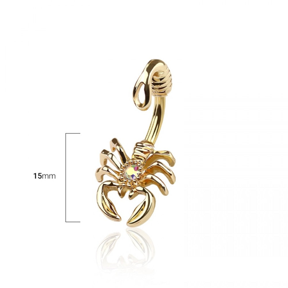 Scorpion with CZ Crystal Center Belly Button Ring - Gold Plated 316L Stainless Steel