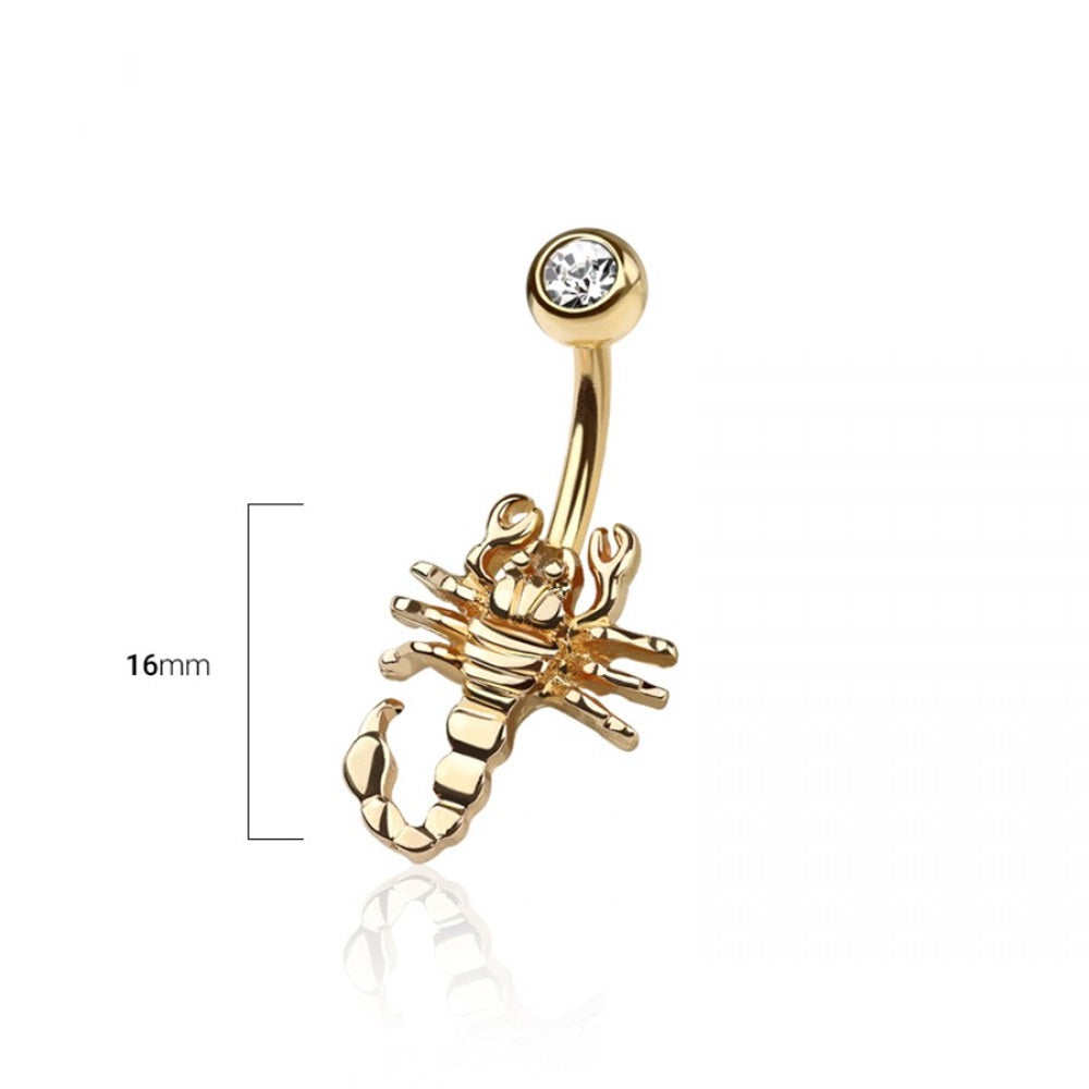 Scorpion with CZ Crystal Top Belly Button Ring - Gold Plated 316L Stainless Steel