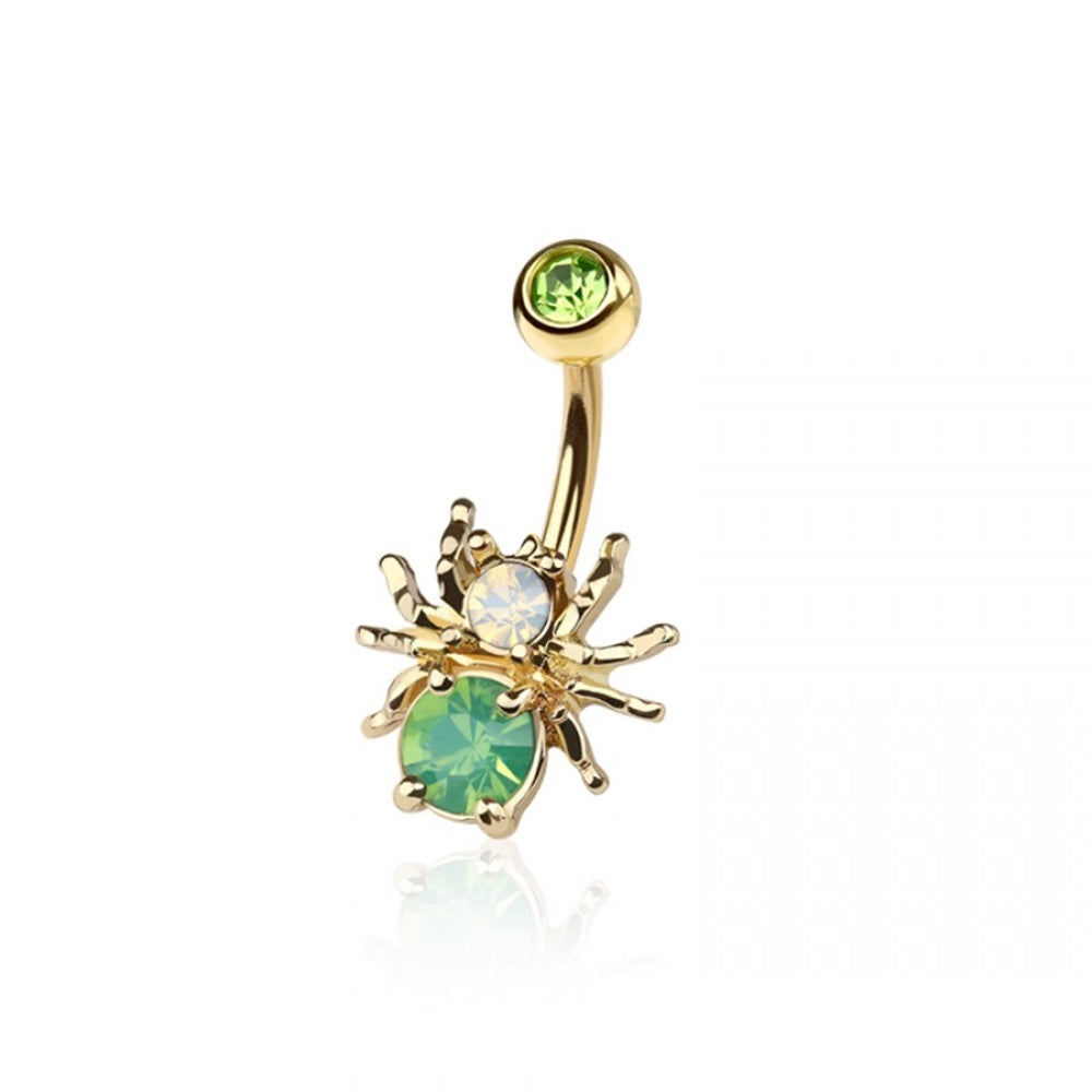 CZ Crystal Green Belly Spider Belly Button Ring - Gold Plated 316L Stainless Steel