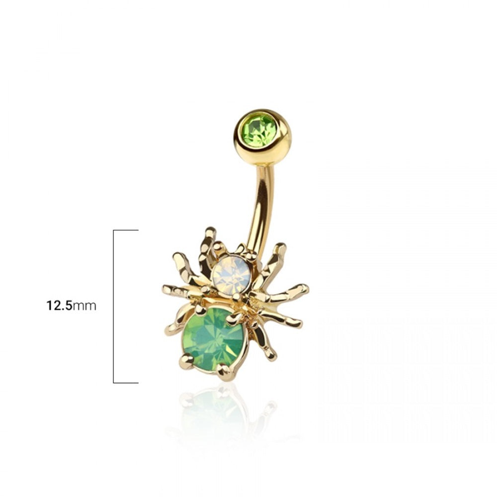 CZ Crystal Green Belly Spider Belly Button Ring - Gold Plated 316L Stainless Steel