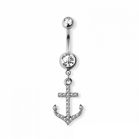CZ Crystal Anchor Dangling Belly Button Ring - 316L Stainless Steel