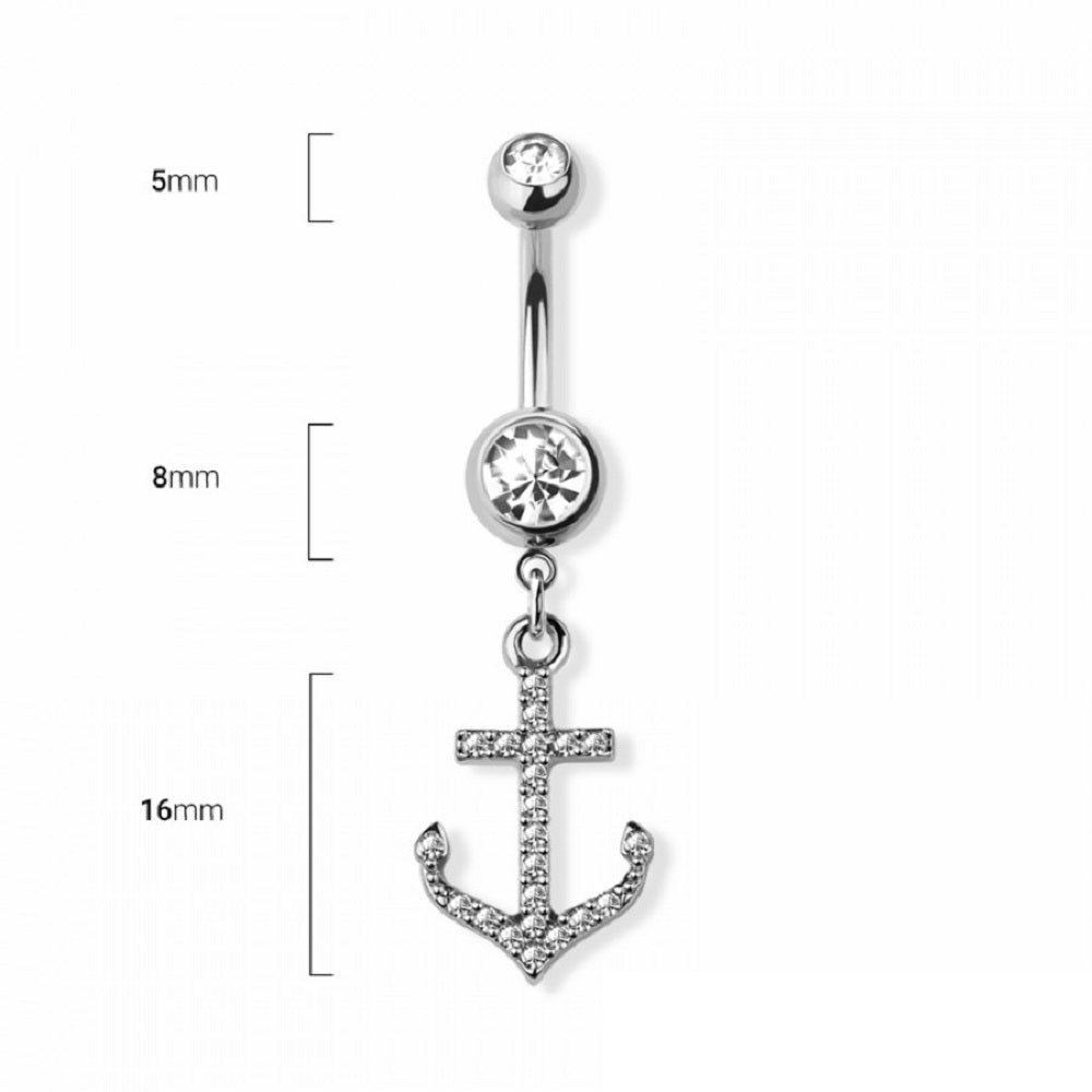 CZ Crystal Anchor Dangling Belly Button Ring - 316L Stainless Steel