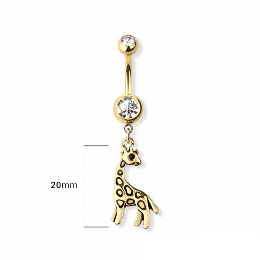CZ Crystal Giraffe Dangling Belly Button Ring - Gold Plated 316L Stainless Steel