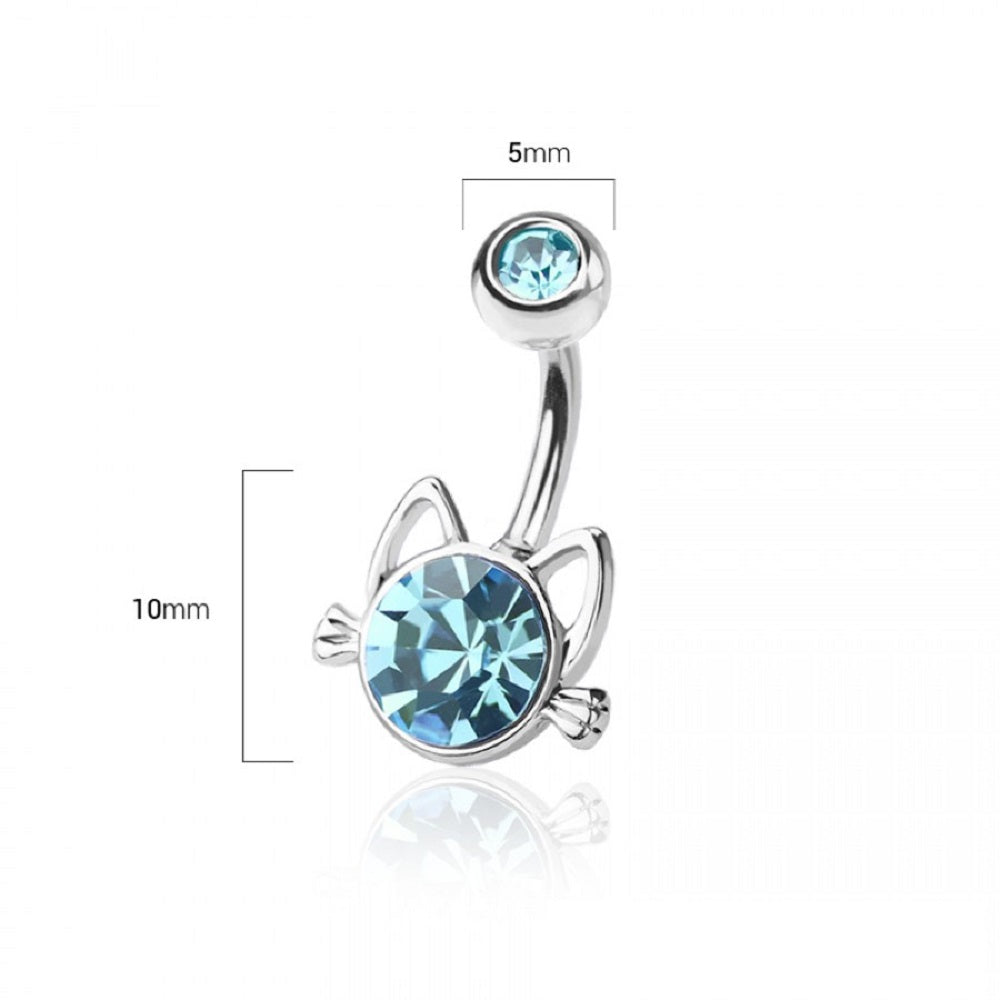 CZ Crystal Cat Belly Button Ring - 316L Stainless Steel