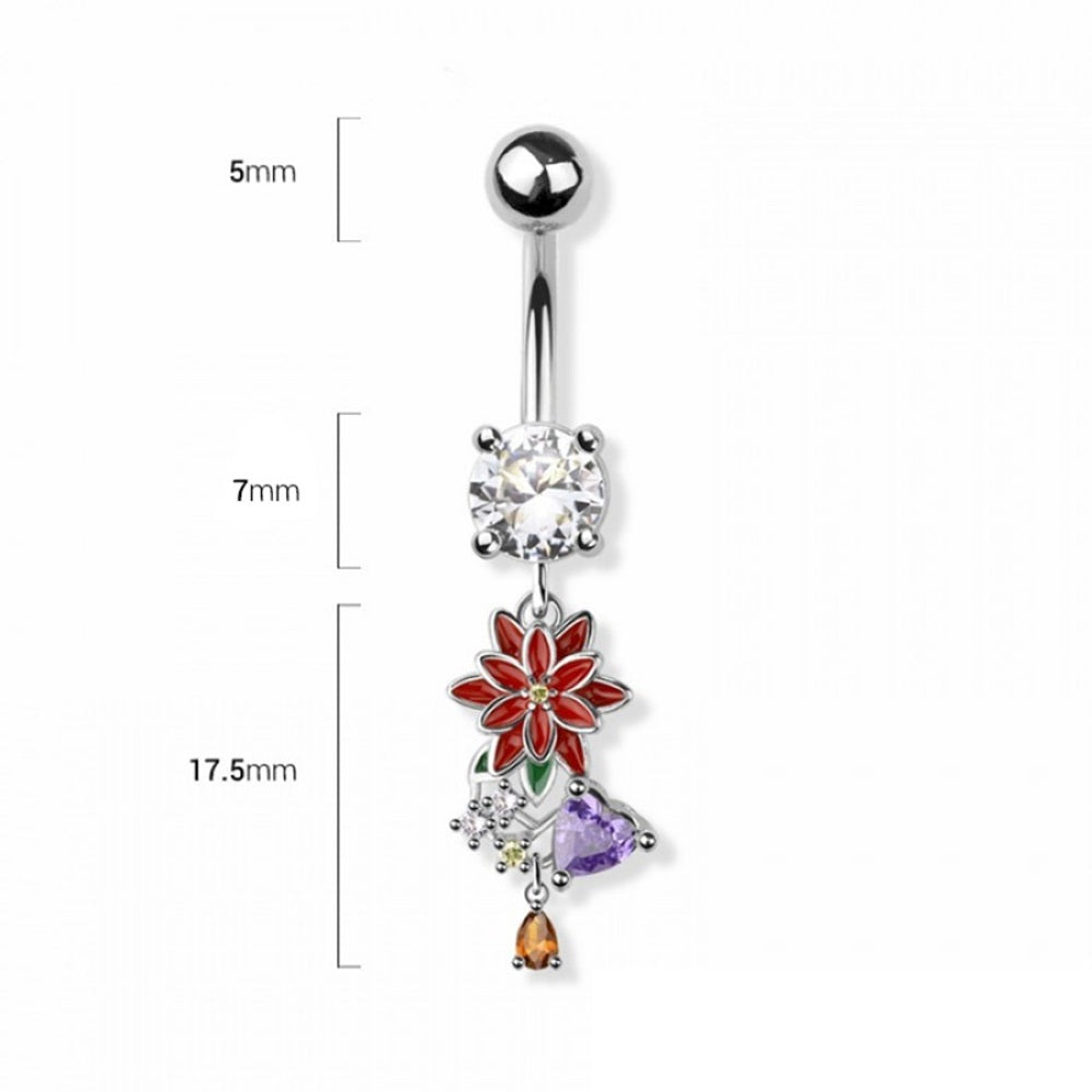 CZ Crystal Flower and Heart Dangling Belly Button Ring - 316L Stainless Steel