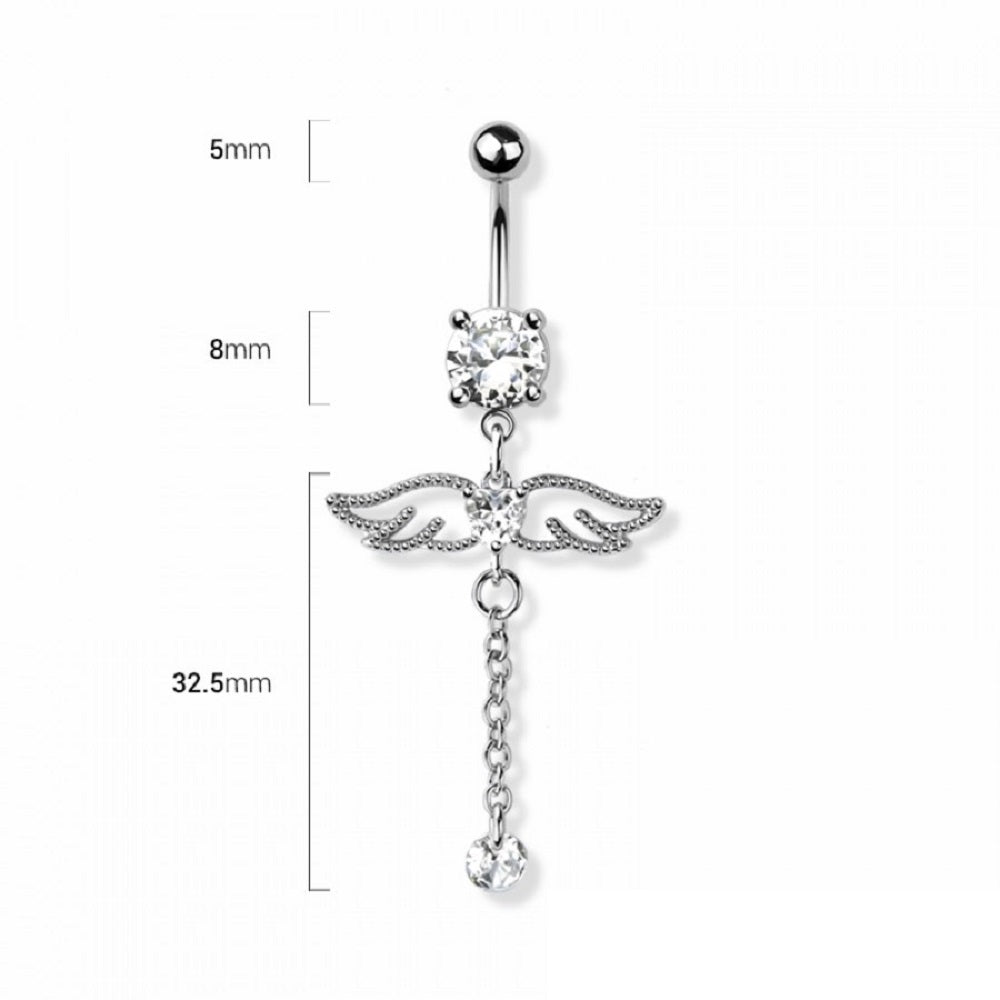CZ Crystal Angel Wings with Dangling Chain Belly Button Ring - 316L Stainless Steel