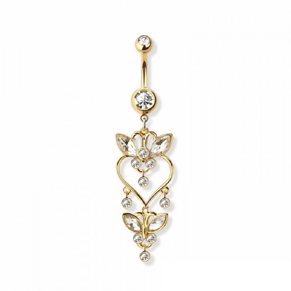 CZ Crystal Heart Butterfly Dangling Belly Button Ring - 316L Stainless Steel