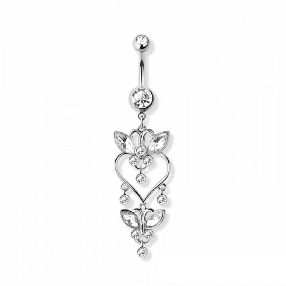 CZ Crystal Heart Butterfly Dangling Belly Button Ring - 316L Stainless Steel