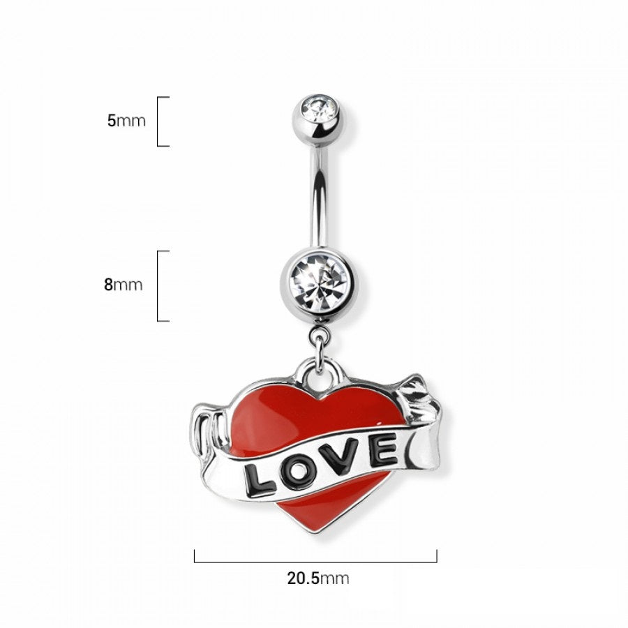 Red Love Heart Tattoo Dangling Belly Button Ring - 316L Stainless Steel