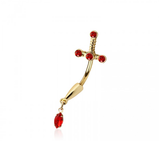 Dagger with Dangling Red Gem Belly Button Ring - 316L Stainless Steel