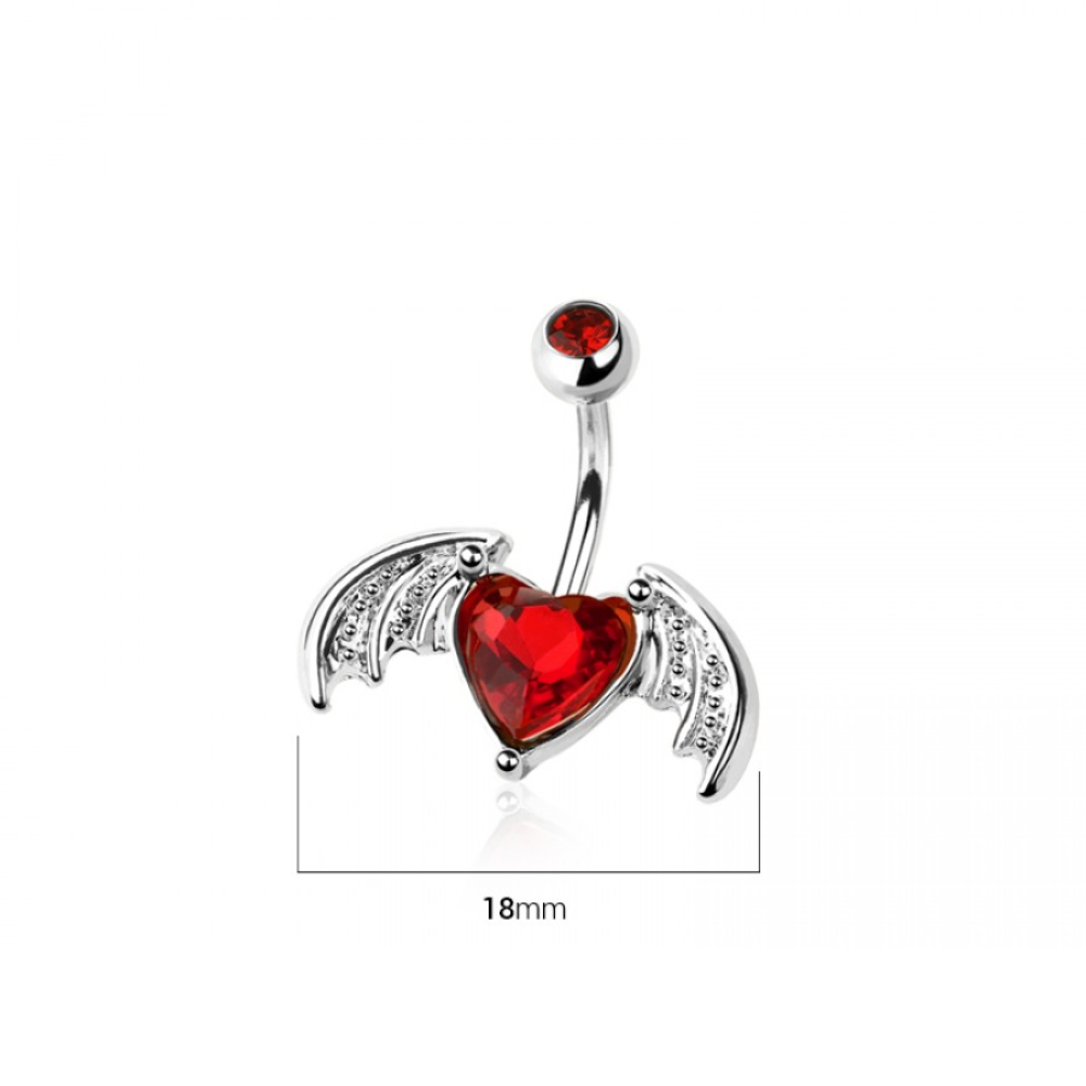CZ Crystal Bat Winged Heart Belly Button Ring - 316L Stainless Steel
