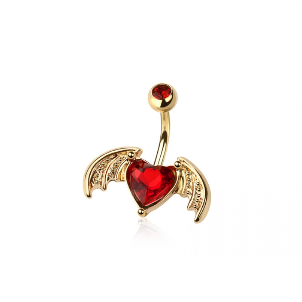 CZ Crystal Bat Winged Heart Belly Button Ring - 316L Stainless Steel