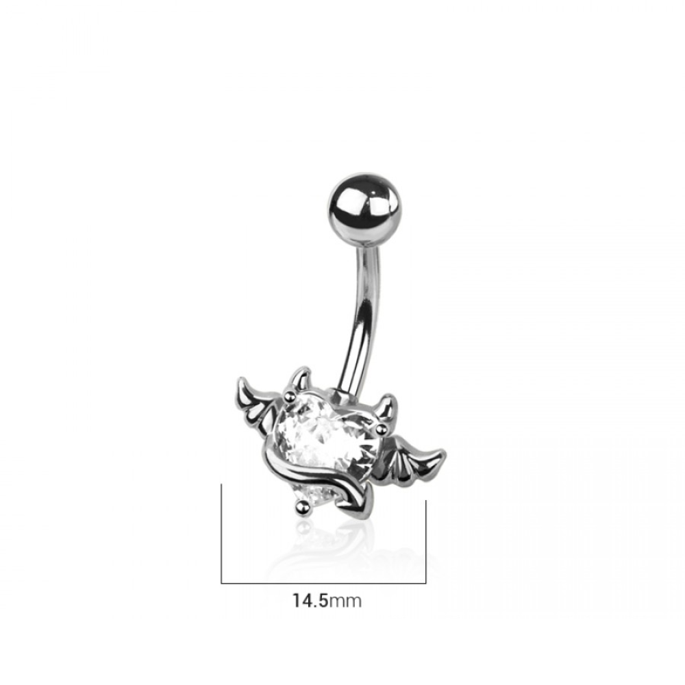CZ Crystal Devil Winged Heart Belly Button Ring - 316L Stainless Steel