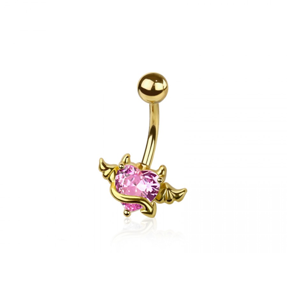 CZ Crystal Devil Winged Heart Belly Button Ring - 316L Stainless Steel