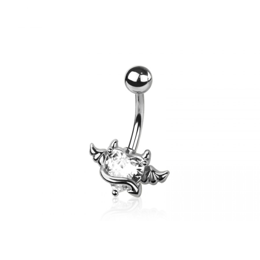 CZ Crystal Devil Winged Heart Belly Button Ring - 316L Stainless Steel