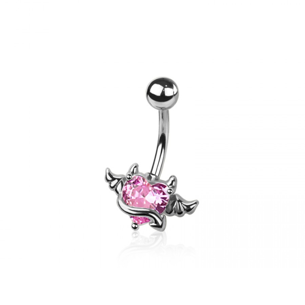 CZ Crystal Devil Winged Heart Belly Button Ring - 316L Stainless Steel