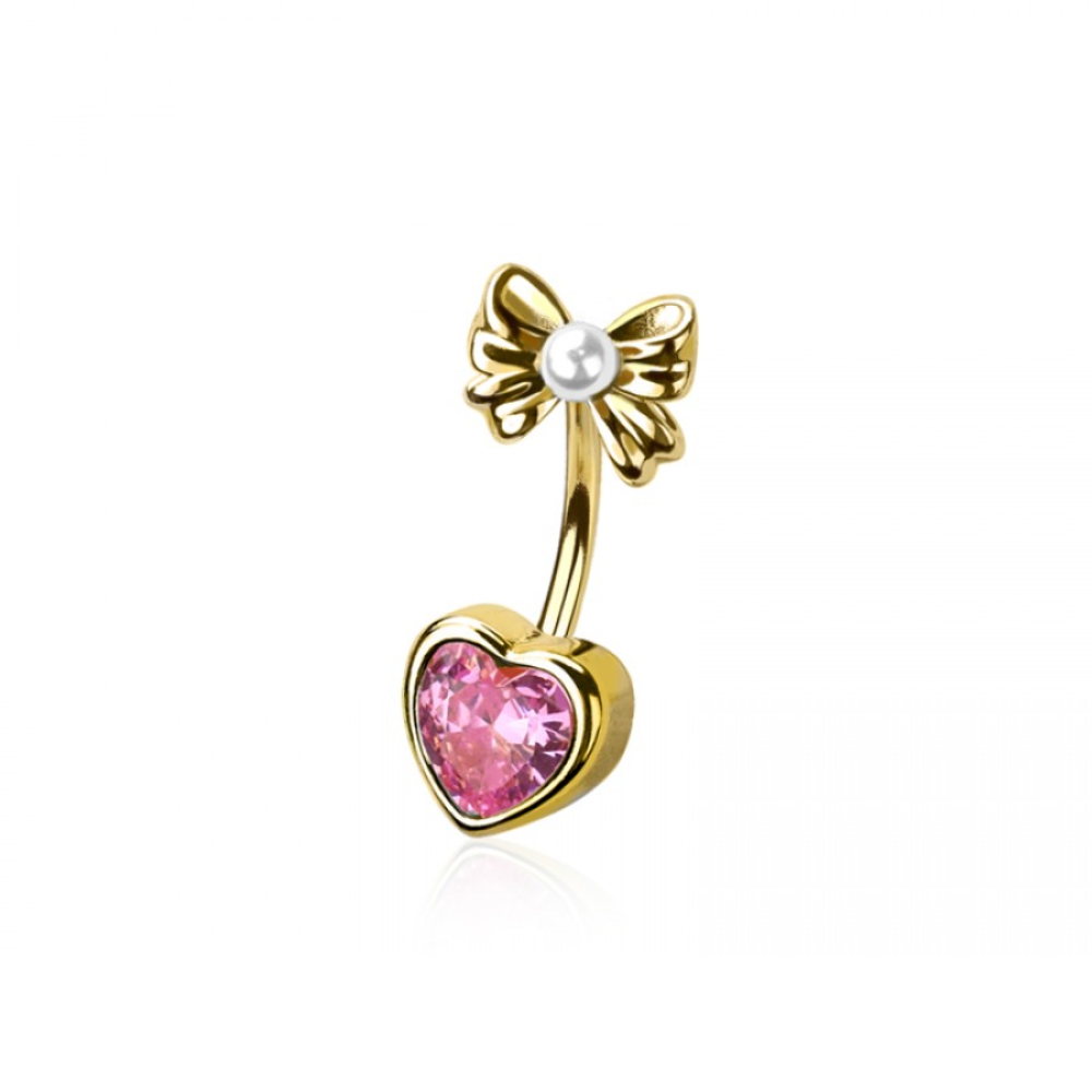 Crystal Heart with Bow and Faux Pearl Top Belly Button Ring - 316L Stainless Steel