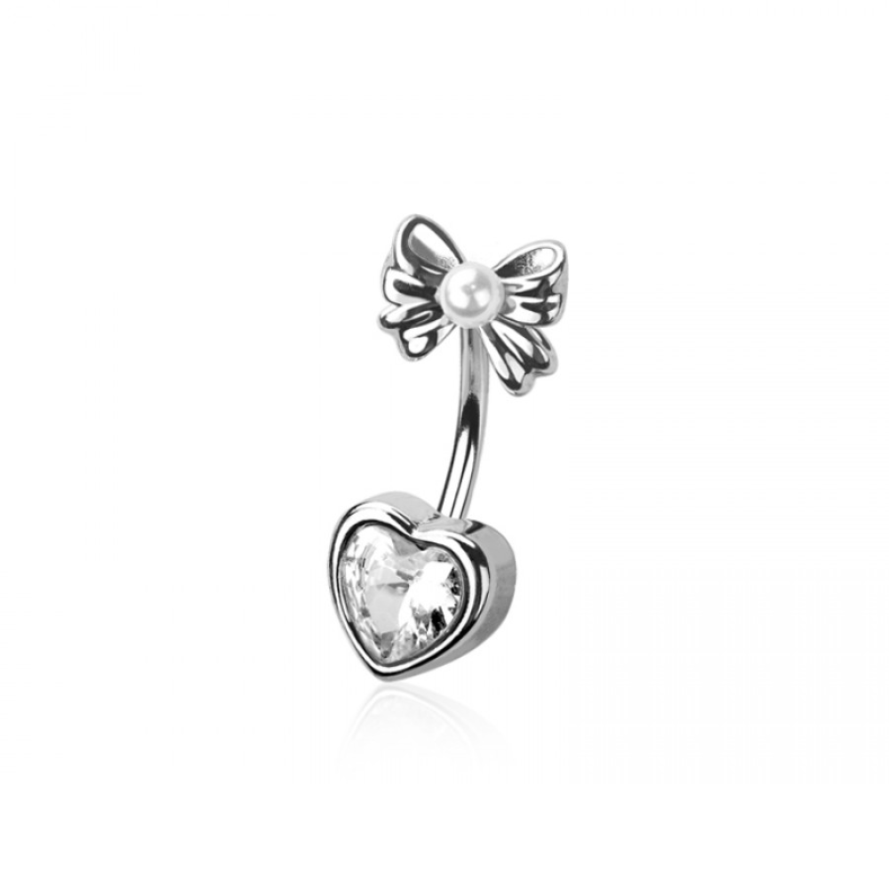 Crystal Heart with Bow and Faux Pearl Top Belly Button Ring - 316L Stainless Steel
