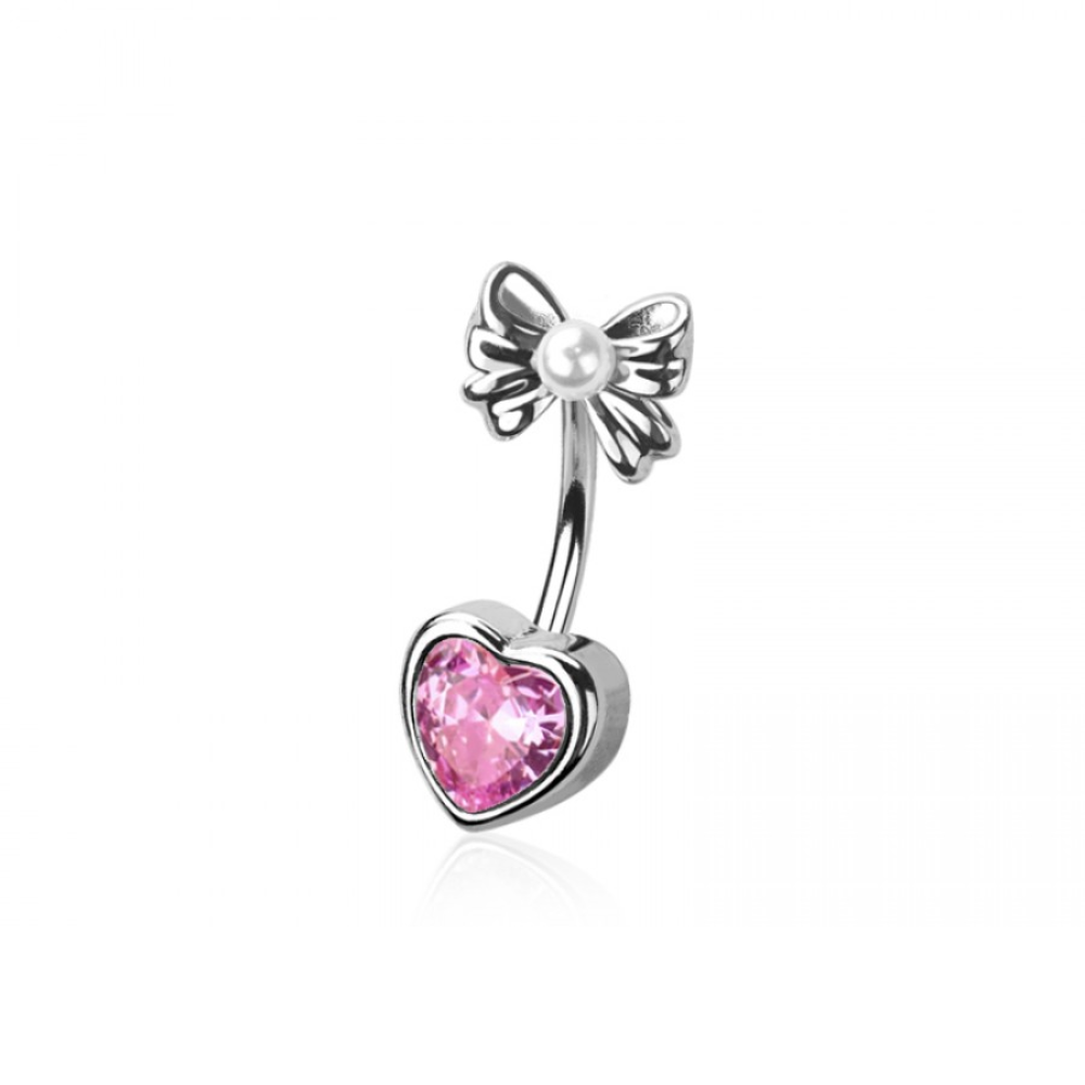 Crystal Heart with Bow and Faux Pearl Top Belly Button Ring - 316L Stainless Steel
