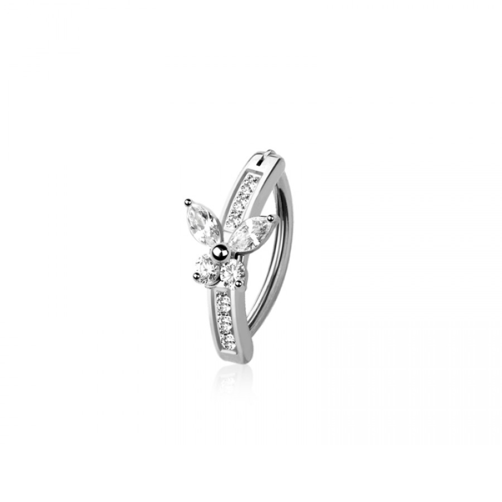 CZ Crystal Butterfly Hinged Curved Bar Clicker Belly Button Ring - 316L Stainless Steel
