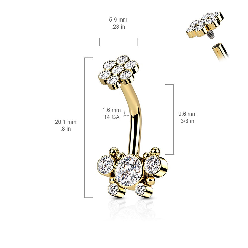Internally Threaded CZ Crystal and Ball Cluster Butterfly Belly Button Ring
- 316L Surgical Steel
