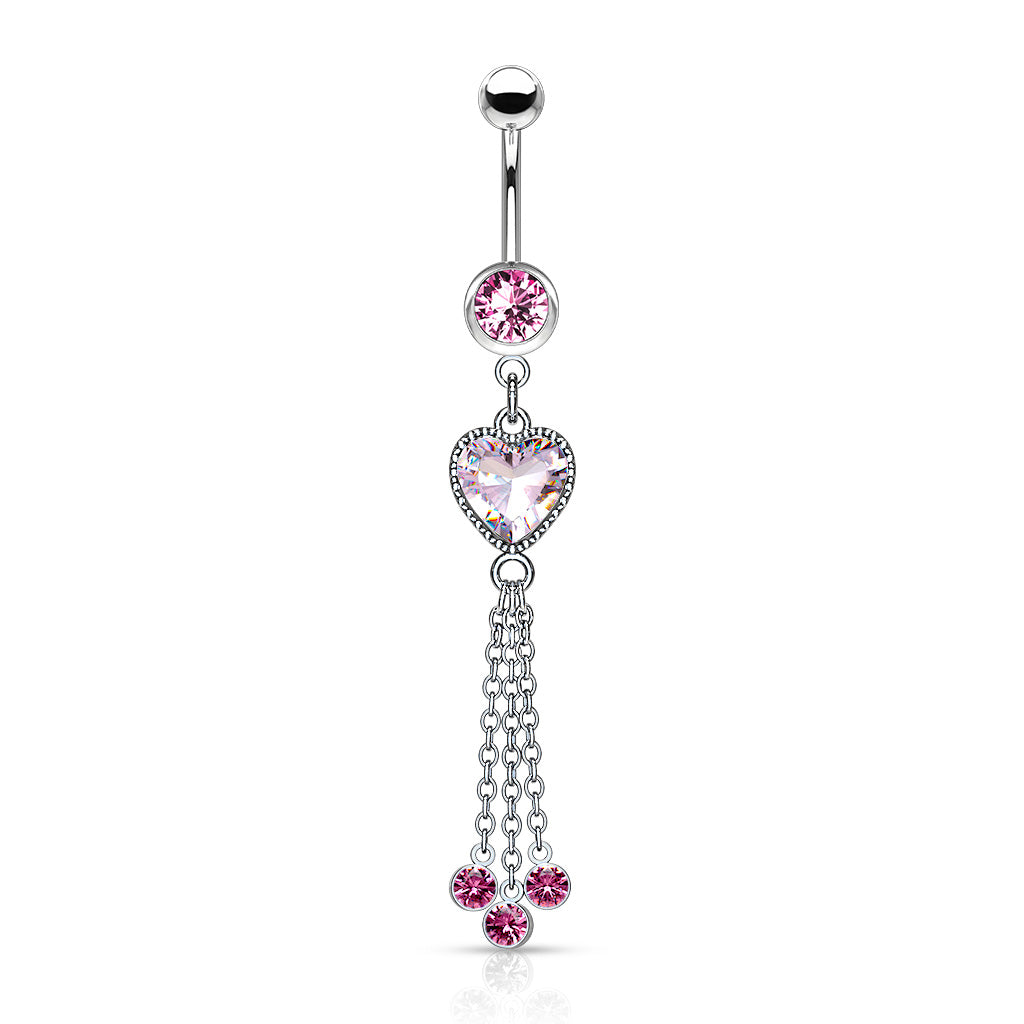 CZ Heart and Chains with CZ Dangle Belly Button Ring - 316L Stainless Steel